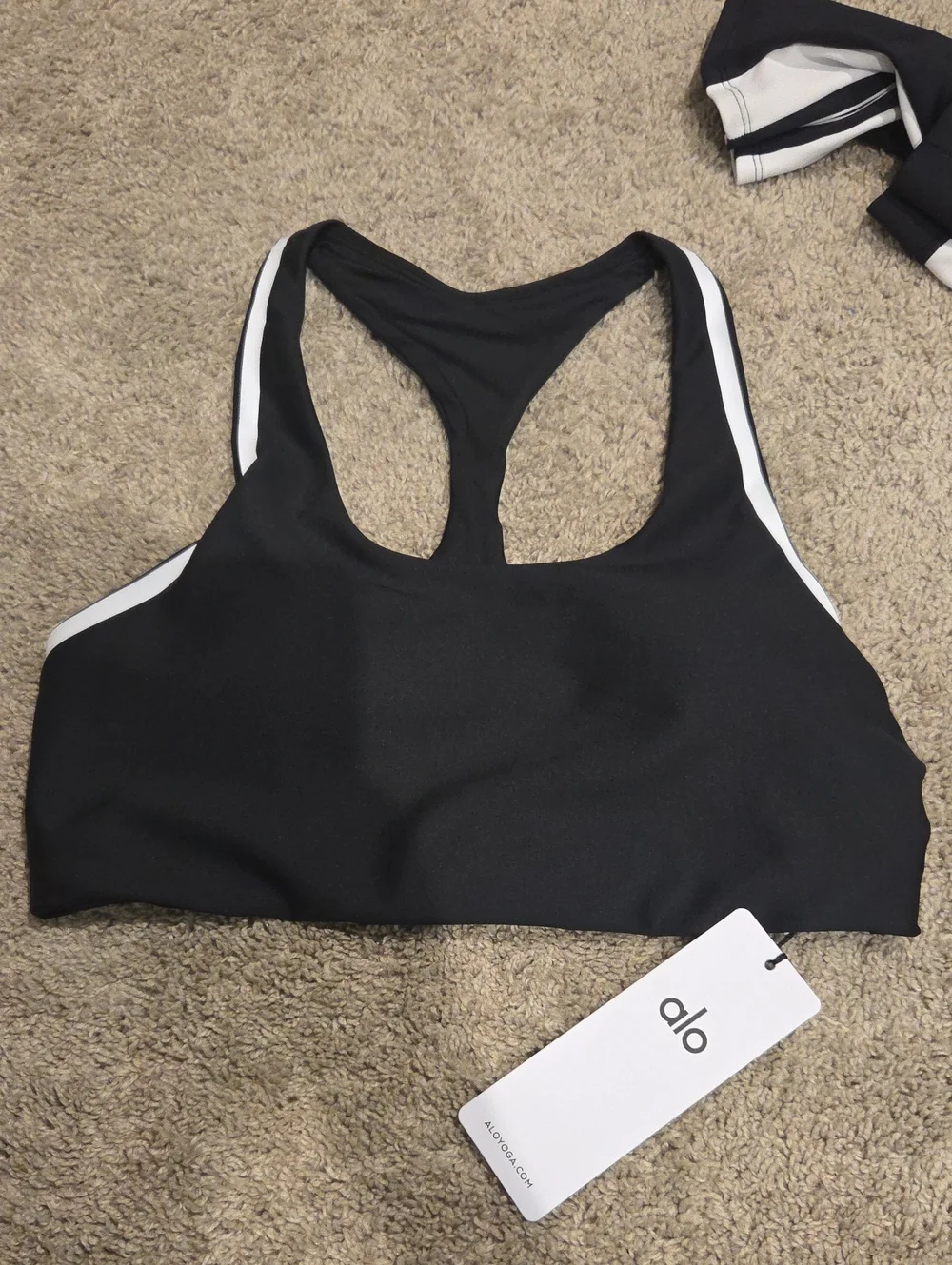 ALO Yoga Black Racerback Sports Bra with White Accents